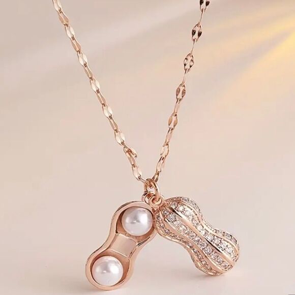 14K Rose Gold Plated Diamond Peanut Pearl Pendant Necklace - Picture 1 of 3